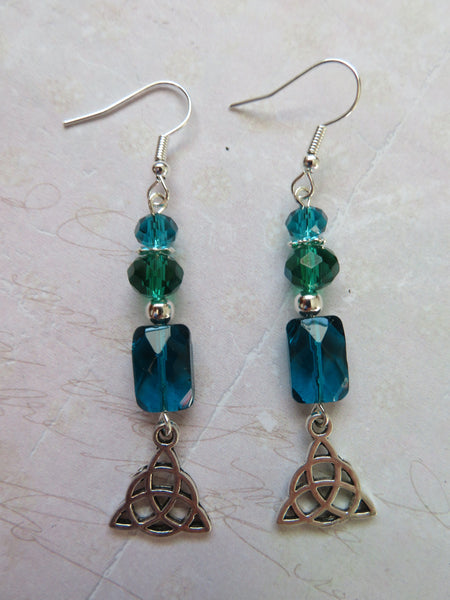 Turquoise Teal Crystal Triquetra Knot Earrings