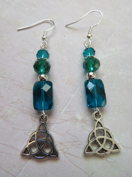 Turquoise Teal Crystal Triquetra Knot Earrings