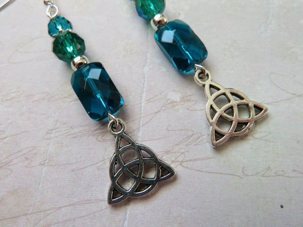 Turquoise Teal Crystal Triquetra Knot Earrings