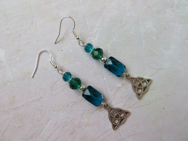 Turquoise Teal Crystal Triquetra Knot Earrings