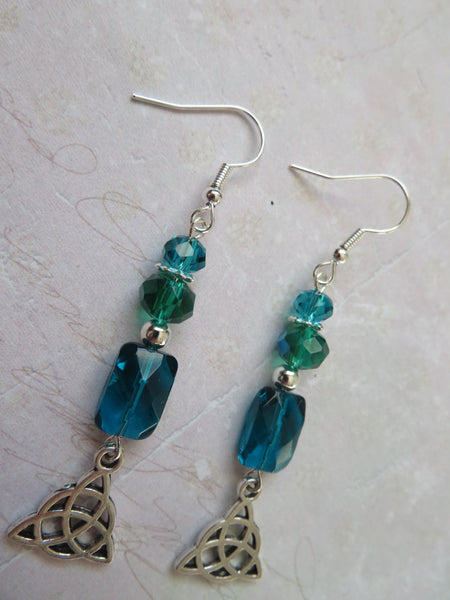 Turquoise Teal Crystal Triquetra Knot Earrings