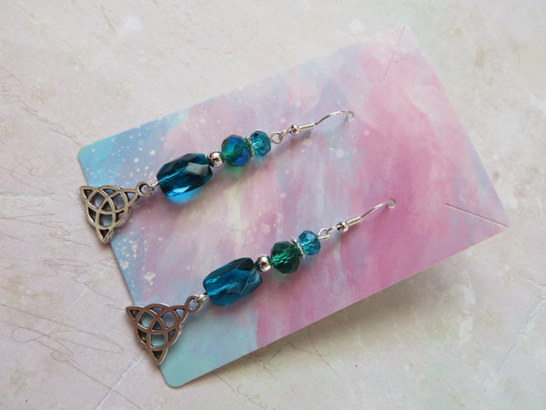 Turquoise Teal Crystal Triquetra Knot Earrings