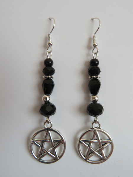 Black Crystal & Silver Pentagram Earrings