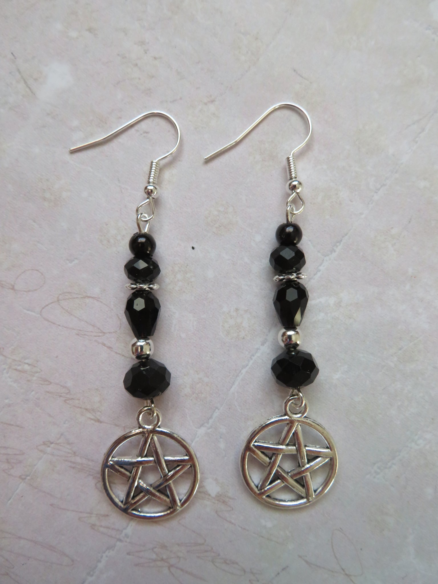 Black Crystal & Silver Pentagram Earrings