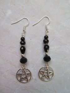 Black Crystal & Silver Pentagram Earrings