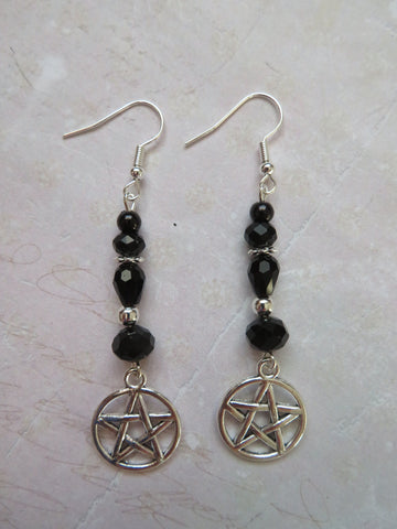 Black Crystal & Silver Pentagram Earrings