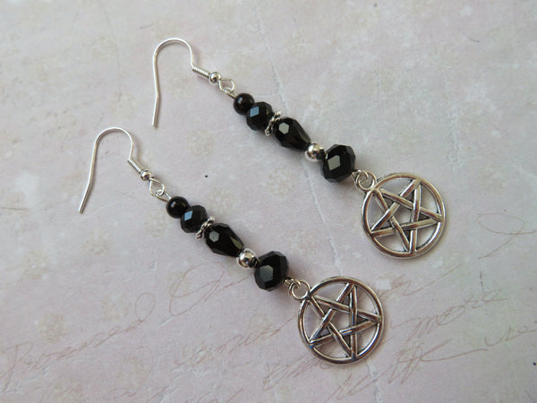 Black Crystal & Silver Pentagram Earrings
