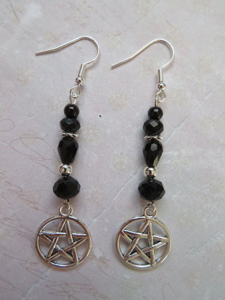 Black Crystal & Silver Pentagram Earrings