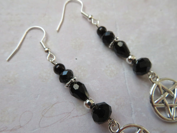 Black Crystal & Silver Pentagram Earrings