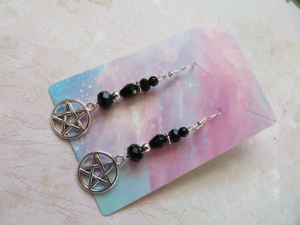 Black Crystal & Silver Pentagram Earrings