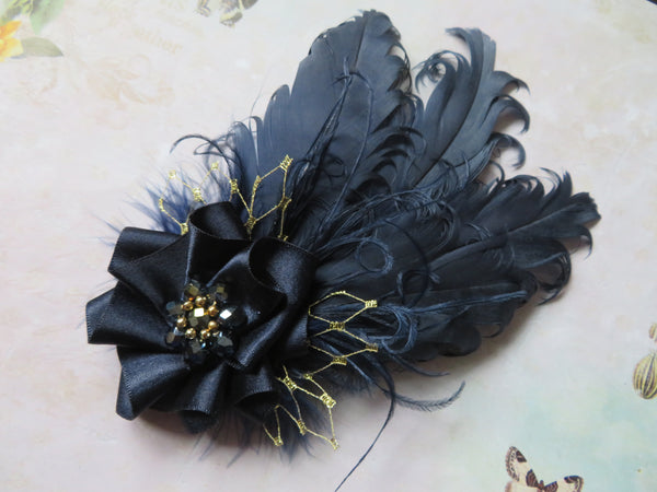 Navy Blue & Gold Darcy Feather Clip