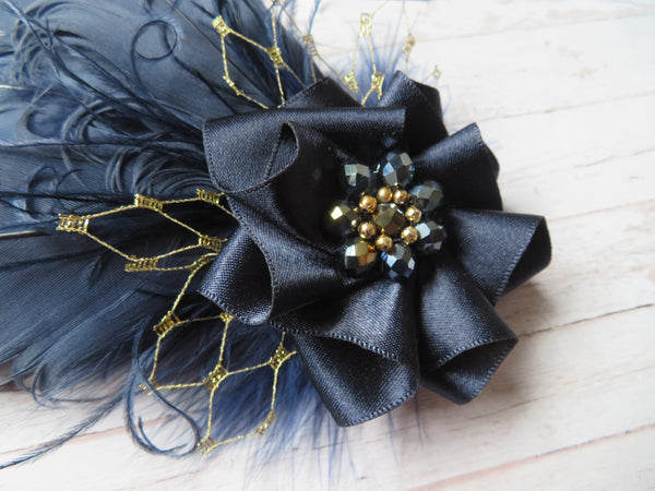 Navy Blue & Gold Darcy Feather Clip