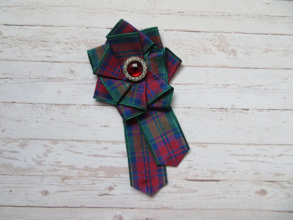 Lindsay Tartan Ruffle & Deep Red Crystal Brooch