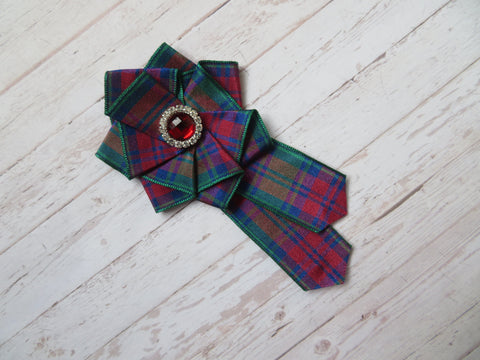 Lindsay Tartan Ruffle & Deep Red Crystal Brooch