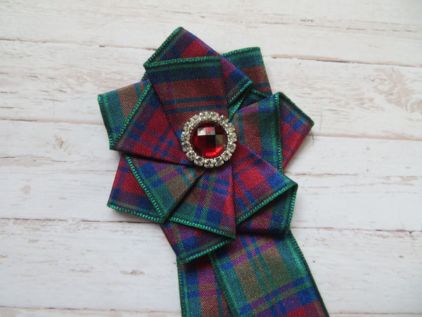 Lindsay Tartan Ruffle & Deep Red Crystal Brooch