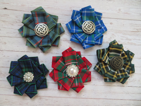 Wide Tartan Ribbon Ruffle Brooch or Hair Clip