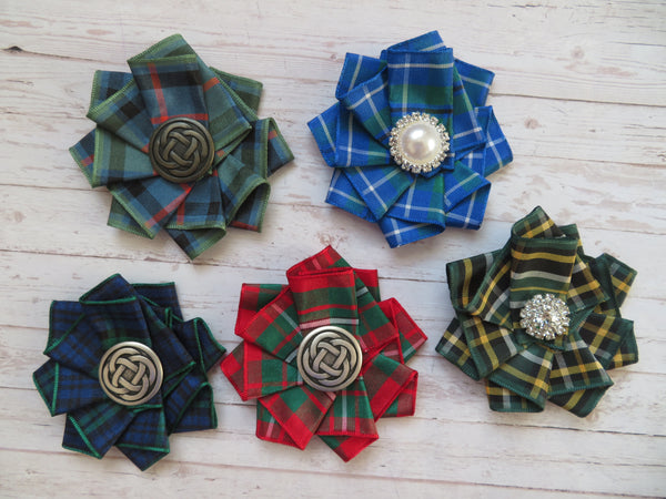 Wide Tartan Ribbon Ruffle Brooch or Hair Clip