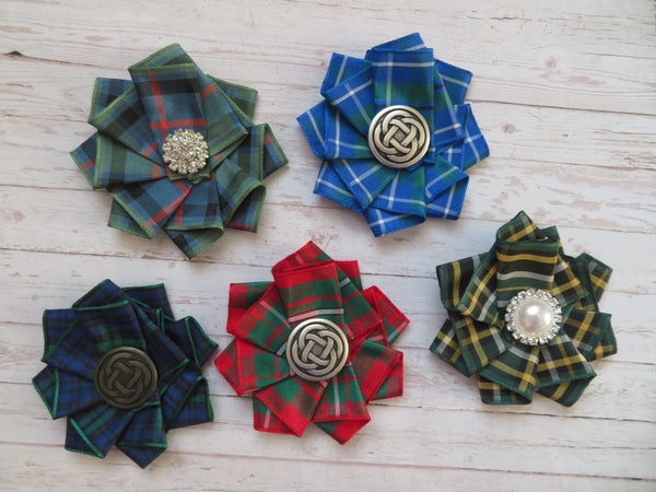 Wide Tartan Ribbon Ruffle Brooch or Hair Clip