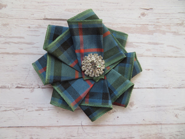 Wide Tartan Ribbon Ruffle Brooch or Hair Clip
