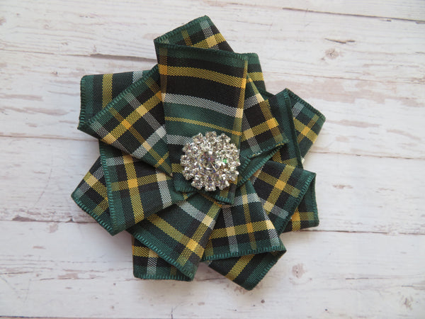 Wide Tartan Ribbon Ruffle Brooch or Hair Clip