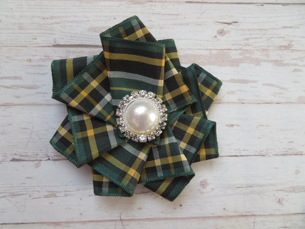 Wide Tartan Ribbon Ruffle Brooch or Hair Clip
