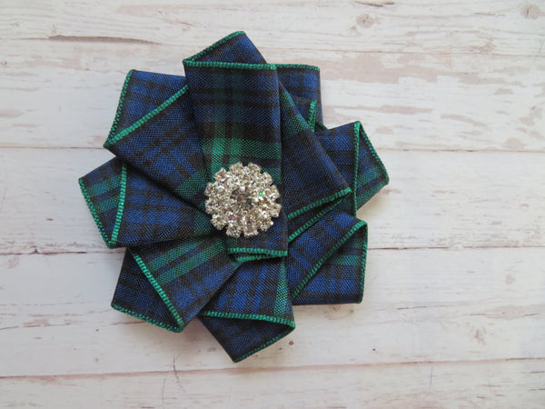 Wide Tartan Ribbon Ruffle Brooch or Hair Clip