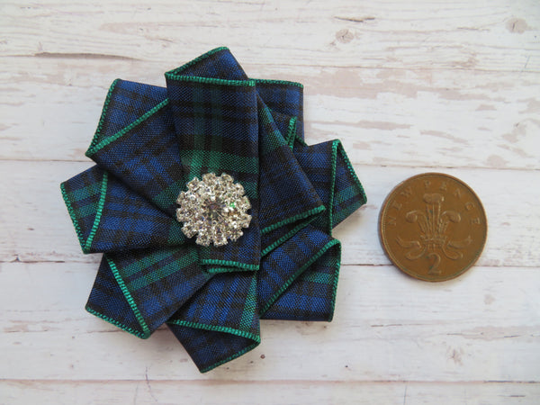 Wide Tartan Ribbon Ruffle Brooch or Hair Clip