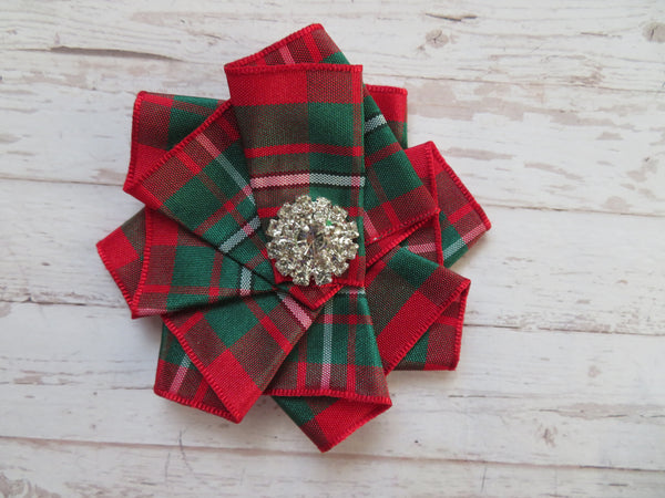 Wide Tartan Ribbon Ruffle Brooch or Hair Clip