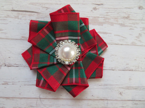 Wide Tartan Ribbon Ruffle Brooch or Hair Clip