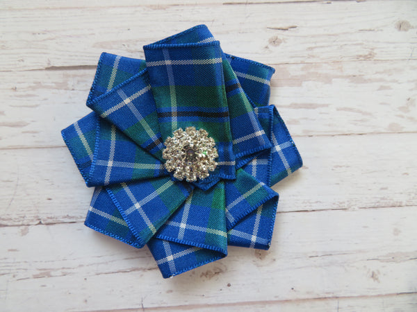 Wide Tartan Ribbon Ruffle Brooch or Hair Clip