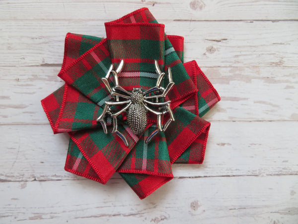 Gothic Spider Tartan Ribbon Ruffle Brooch or Hair Clip