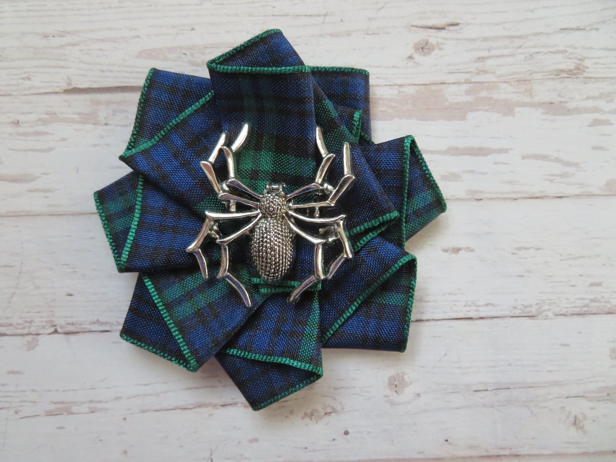 Gothic Spider Tartan Ribbon Ruffle Brooch or Hair Clip