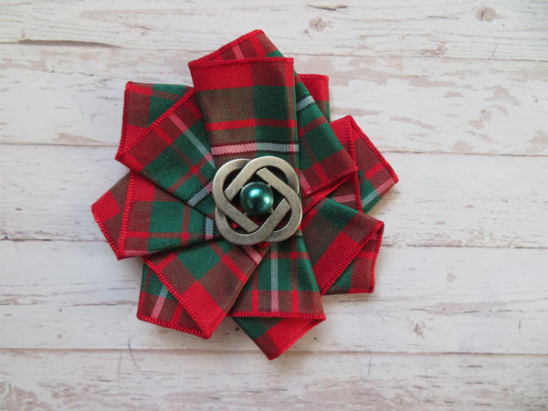 Wide Tartan Ribbon Ruffle Brooch or Hair Clip