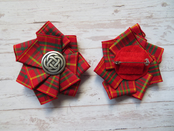 Small Tartan Ribbon Button Ruffle Brooch