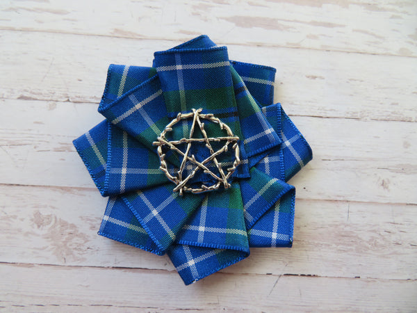 Gothic Pentagram Tartan Ribbon Ruffle Brooch or Hair Clip
