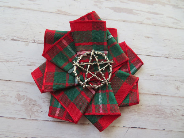 Gothic Pentagram Tartan Ribbon Ruffle Brooch or Hair Clip