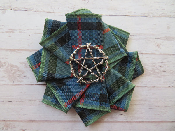 Gothic Pentagram Tartan Ribbon Ruffle Brooch or Hair Clip