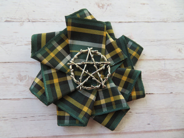 Gothic Pentagram Tartan Ribbon Ruffle Brooch or Hair Clip