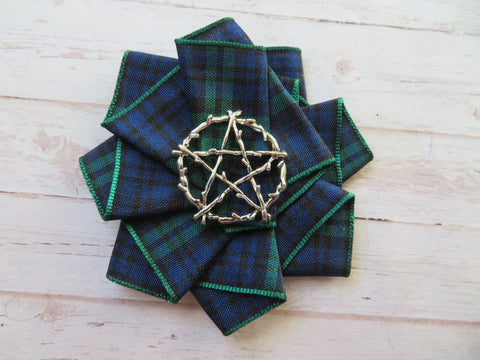 Gothic Pentagram Tartan Ribbon Ruffle Brooch or Hair Clip