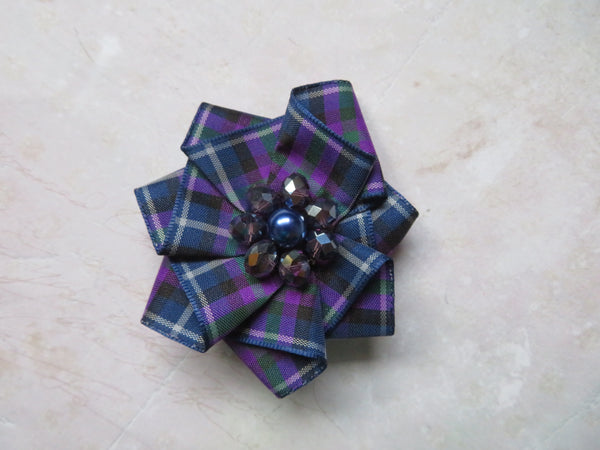 Purple and Blue Tartan Ribbon Ruffle Hair Clip