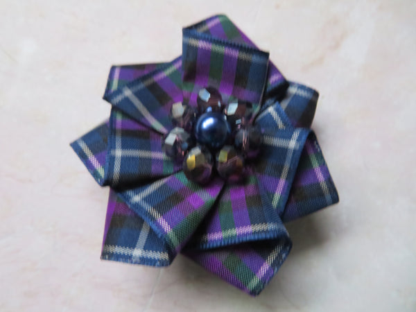 Purple and Blue Tartan Ribbon Ruffle Hair Clip