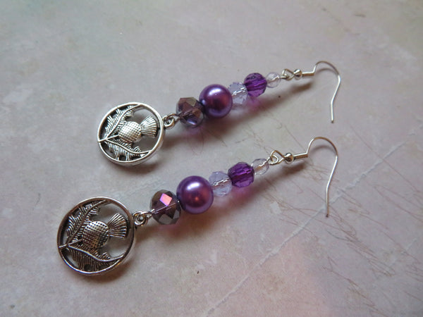 Purple & Lilac Scottish Thistle Crystal Earrings