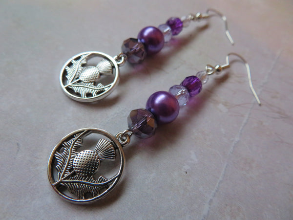 Purple & Lilac Scottish Thistle Crystal Earrings