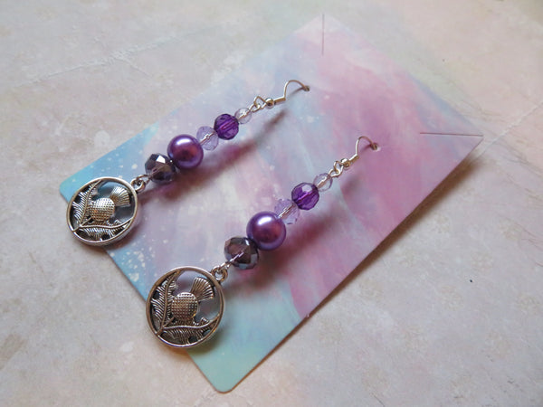 Purple & Lilac Scottish Thistle Crystal Earrings