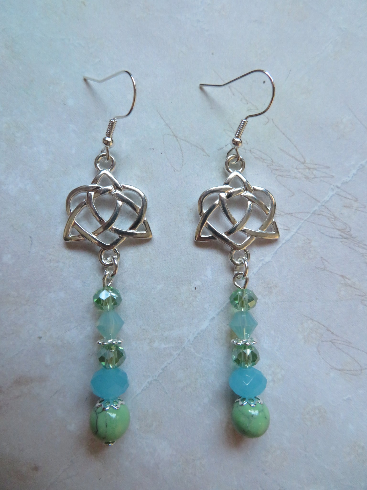 Aqua & Spring Green Triquetra Knot Earrings