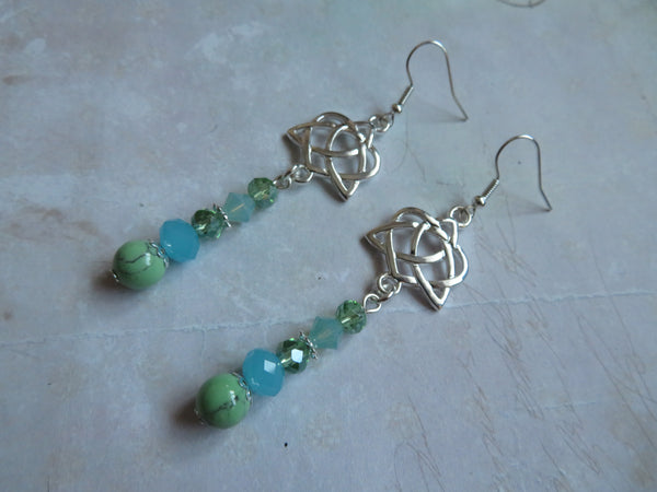 Aqua & Spring Green Triquetra Knot Earrings