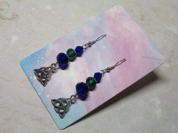 Cobalt & Emerald Triquetra Celtic Earrings