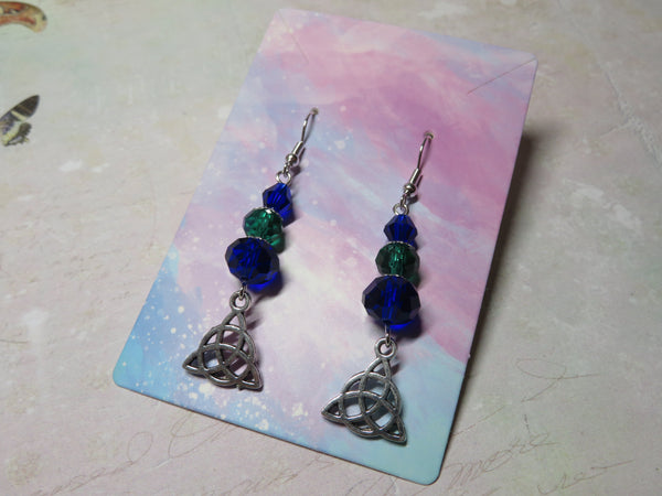 Cobalt & Emerald Triquetra Celtic Earrings