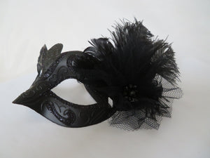 Black Feather & Tulle Masquerade Mask