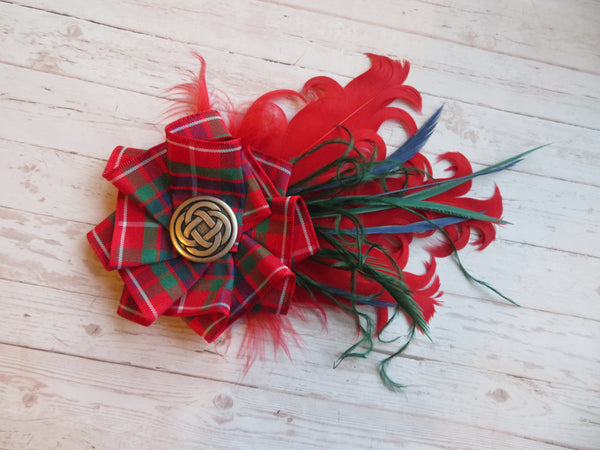Red Fraser Tartan Feather Hat Clip